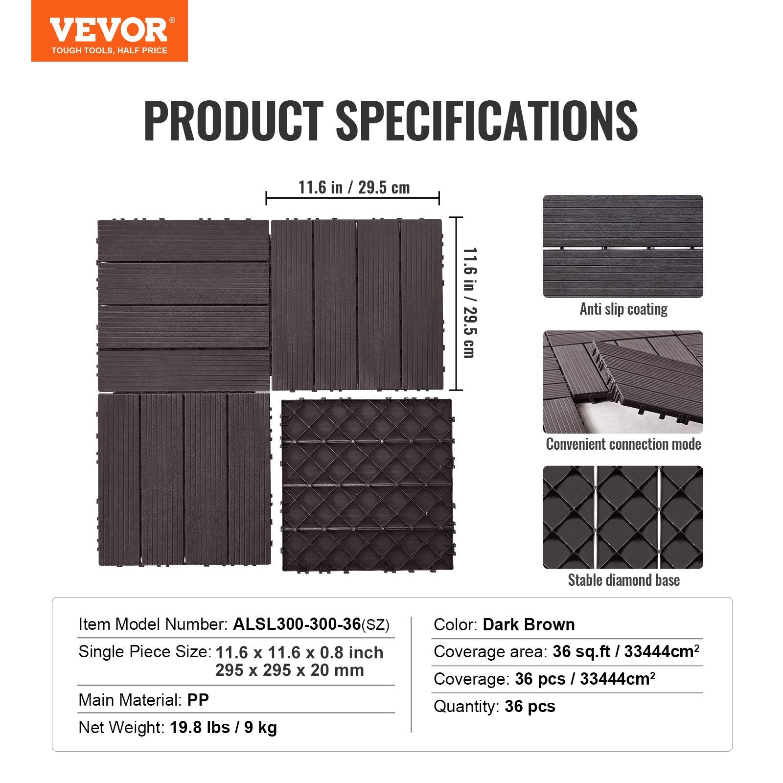 VEVOR Interlocking Deck Tiles, 36 Pack, 11.6"x11.6" 36 sq. ft Plastic Waterproof Outdoor Flooring All Weather Use, Patio Floor Decking Covering Tiles for Porch Poolside Balcony Backyard, Dark Brown