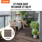 VEVOR Interlocking Deck Tiles Plastic Wood, 27 Pack, 12"x12" 27 sq. ft Waterproof Outdoor Flooring All Weather Use, Patio Floor Decking Covering Tiles for Porch Poolside Balcony Backyard, Dark Brown