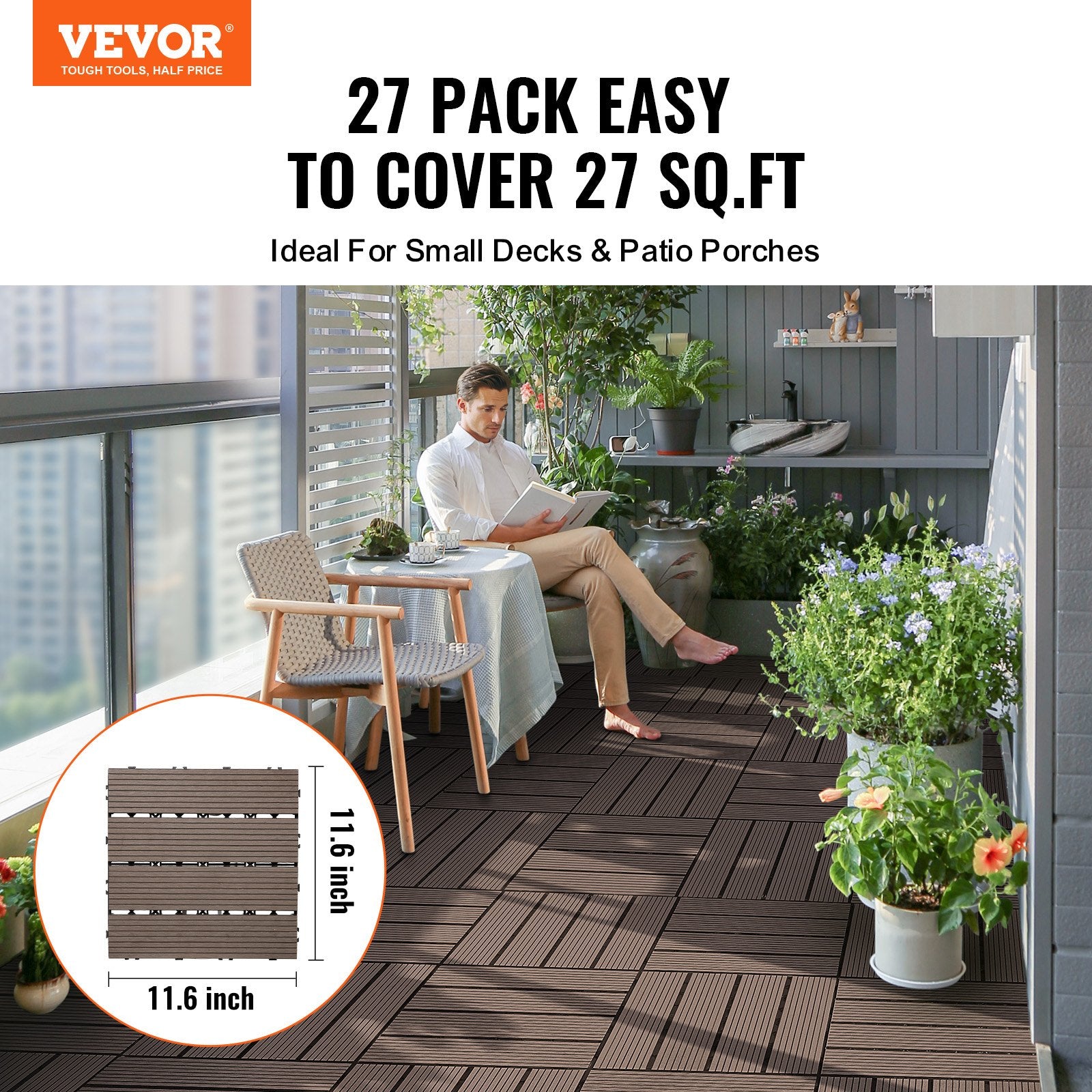 VEVOR Interlocking Deck Tiles Plastic Wood, 27 Pack, 12"x12" 27 sq. ft Waterproof Outdoor Flooring All Weather Use, Patio Floor Decking Covering Tiles for Porch Poolside Balcony Backyard, Dark Brown