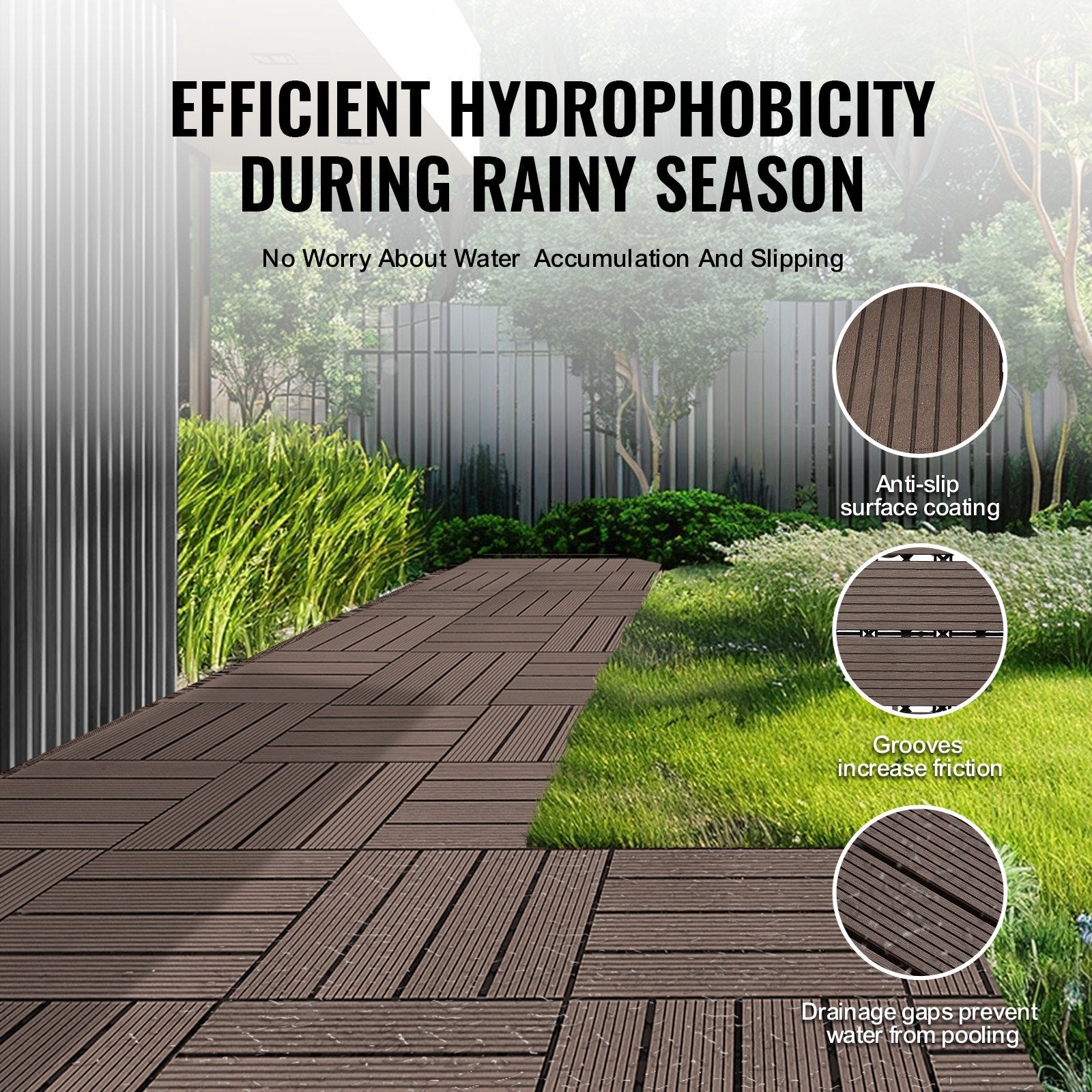 VEVOR Interlocking Deck Tiles Plastic Wood, 27 Pack, 12"x12" 27 sq. ft Waterproof Outdoor Flooring All Weather Use, Patio Floor Decking Covering Tiles for Porch Poolside Balcony Backyard, Dark Brown