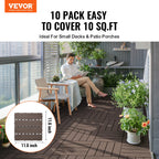 VEVOR Interlocking Deck Tiles Plastic Wood, 10 Pack, 12"x12" 10 sq. ft Waterproof Outdoor Flooring All Weather Use, Patio Floor Decking Covering Tiles for Porch Poolside Balcony Backyard, Dark Brown