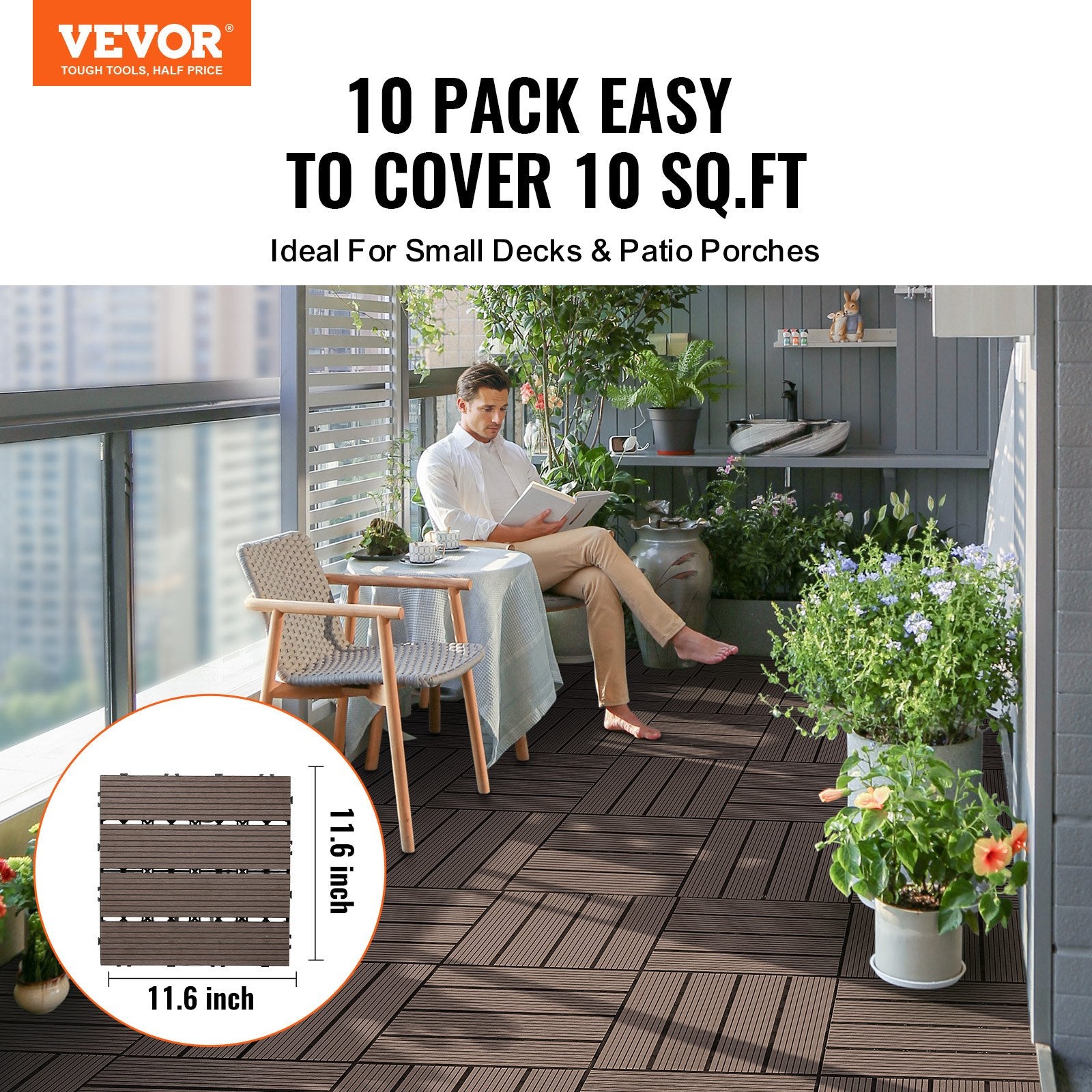 VEVOR Interlocking Deck Tiles Plastic Wood, 10 Pack, 12"x12" 10 sq. ft Waterproof Outdoor Flooring All Weather Use, Patio Floor Decking Covering Tiles for Porch Poolside Balcony Backyard, Dark Brown