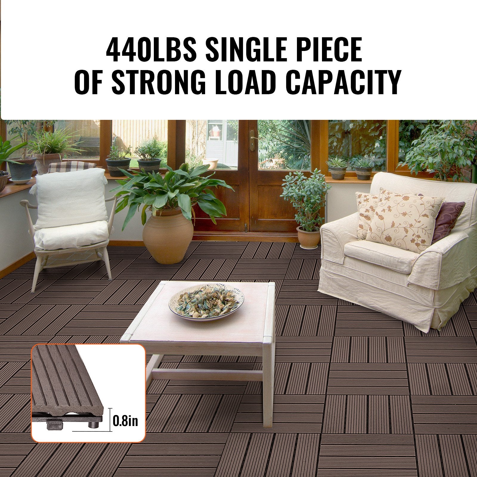 VEVOR Interlocking Deck Tiles Plastic Wood, 10 Pack, 12"x12" 10 sq. ft Waterproof Outdoor Flooring All Weather Use, Patio Floor Decking Covering Tiles for Porch Poolside Balcony Backyard, Dark Brown