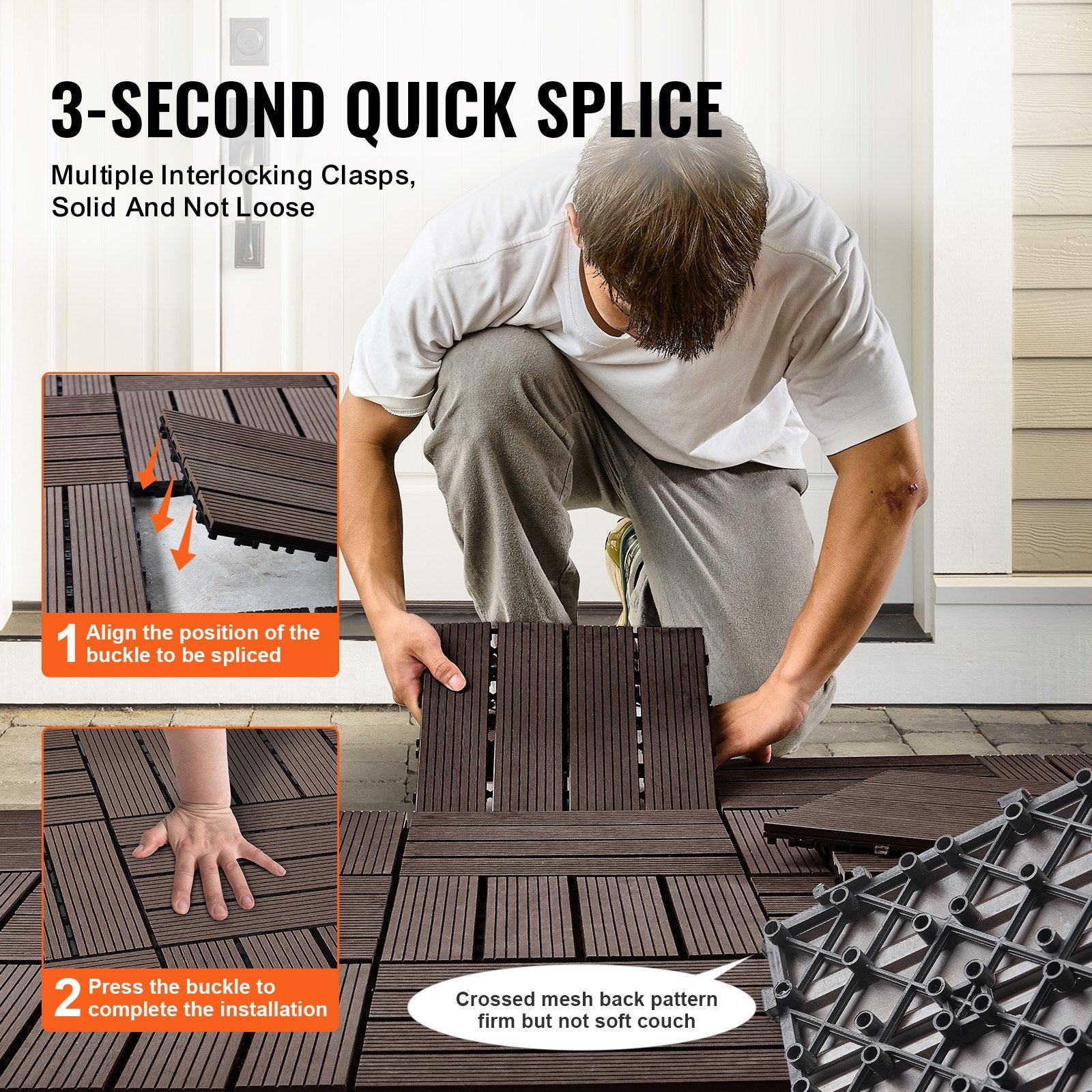 VEVOR Interlocking Deck Tiles Plastic Wood, 10 Pack, 12"x12" 10 sq. ft Waterproof Outdoor Flooring All Weather Use, Patio Floor Decking Covering Tiles for Porch Poolside Balcony Backyard, Dark Brown