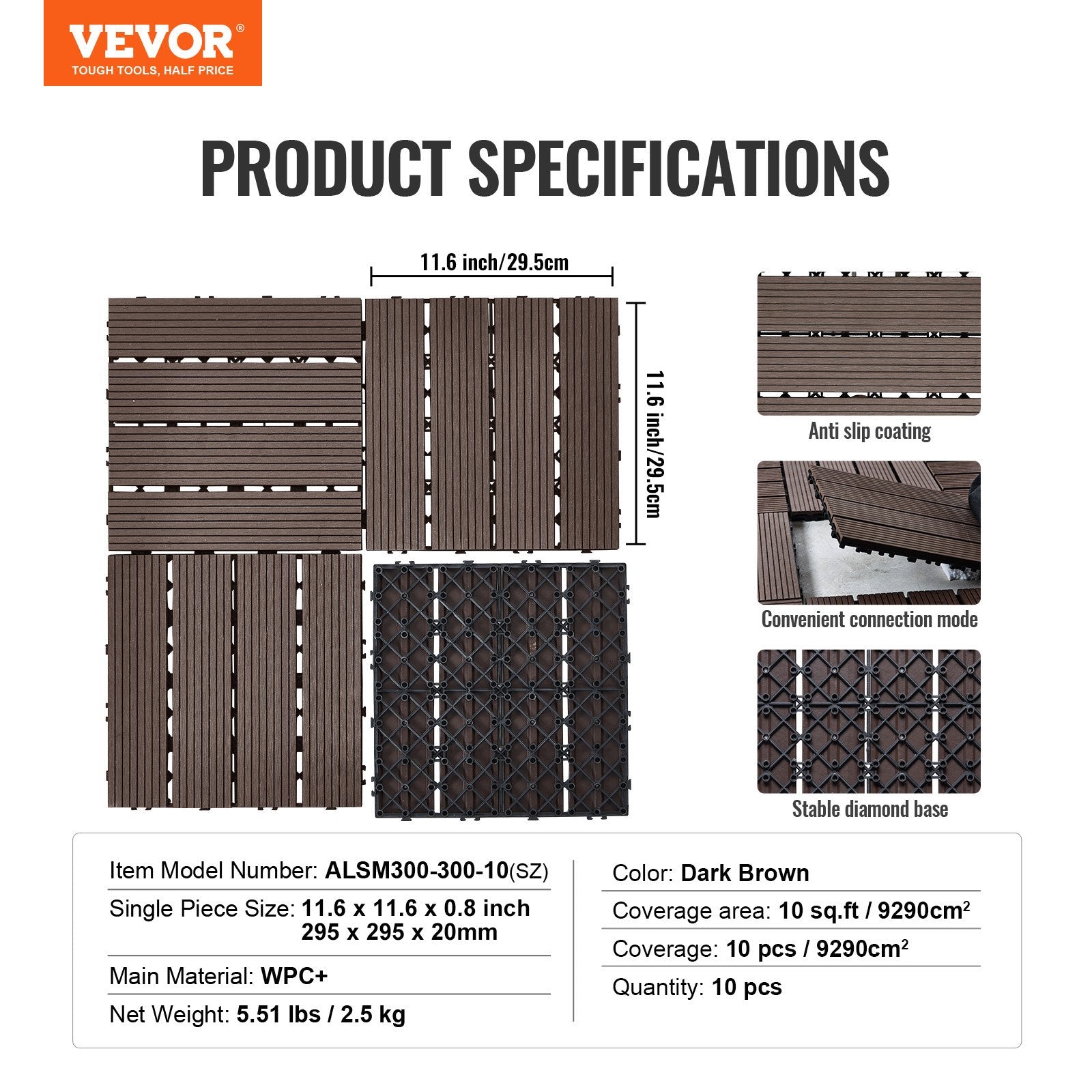 VEVOR Interlocking Deck Tiles Plastic Wood, 10 Pack, 12"x12" 10 sq. ft Waterproof Outdoor Flooring All Weather Use, Patio Floor Decking Covering Tiles for Porch Poolside Balcony Backyard, Dark Brown