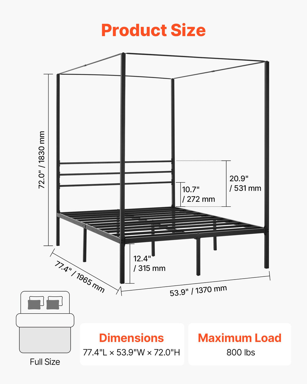 VEVOR Full Size Canopy Bed Frame, Metal Canopy Bed with Four Posters Design, Heavy Duty Steel Slats Support, Underbed Storage Space, No Box Spring Needed, Easy Assembly, Black