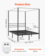 VEVOR Full Size Canopy Bed Frame, Metal Canopy Bed with Four Posters Design, Heavy Duty Steel Slats Support, Underbed Storage Space, No Box Spring Needed, Easy Assembly, Black