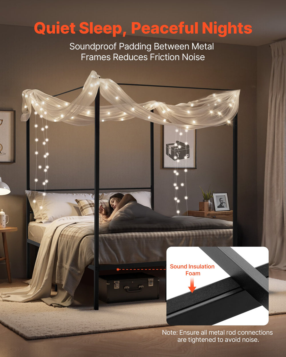 VEVOR Full Size Canopy Bed Frame, Metal Canopy Bed with Four Posters Design, Heavy Duty Steel Slats Support, Underbed Storage Space, No Box Spring Needed, Easy Assembly, Black