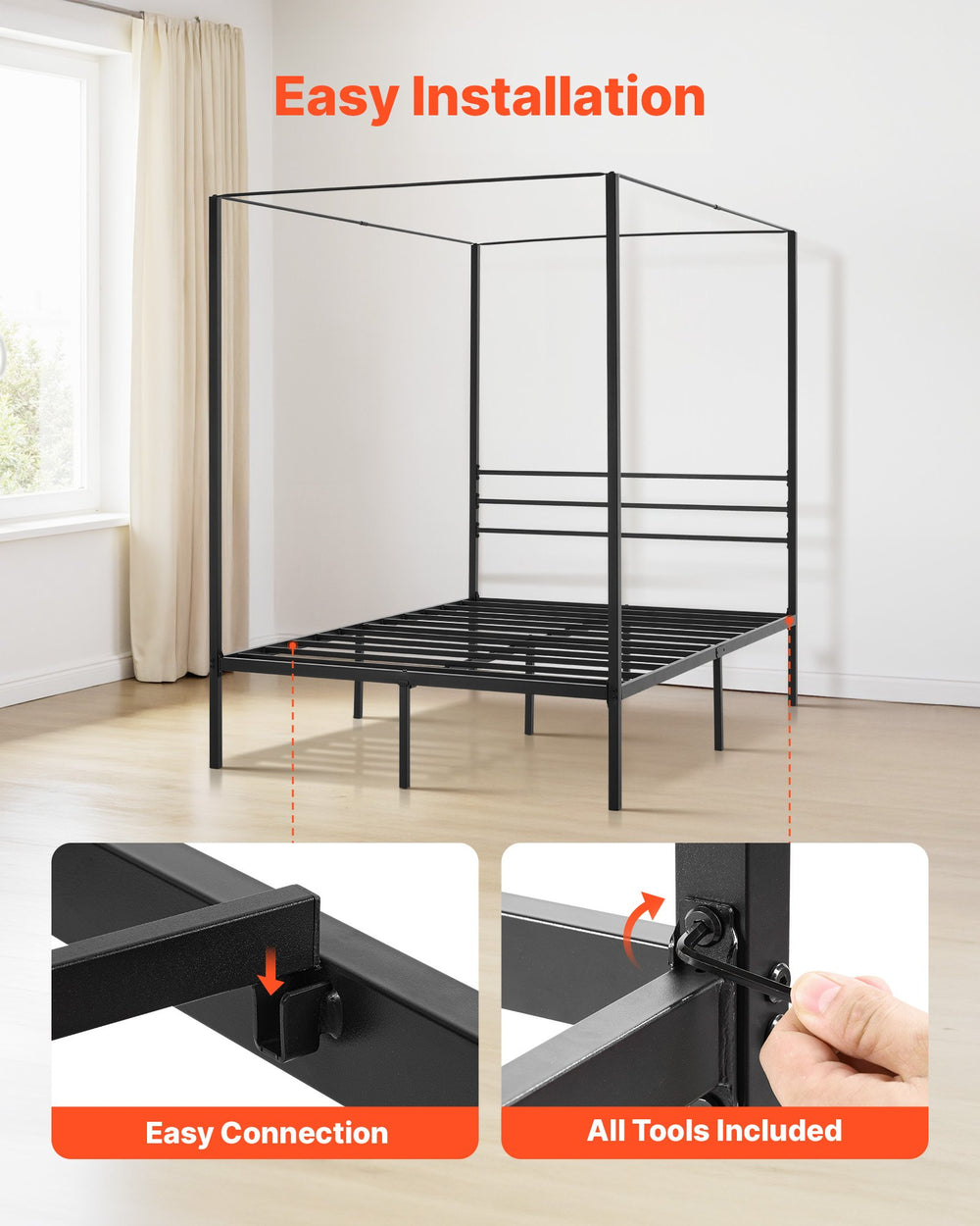 VEVOR Full Size Canopy Bed Frame, Metal Canopy Bed with Four Posters Design, Heavy Duty Steel Slats Support, Underbed Storage Space, No Box Spring Needed, Easy Assembly, Black