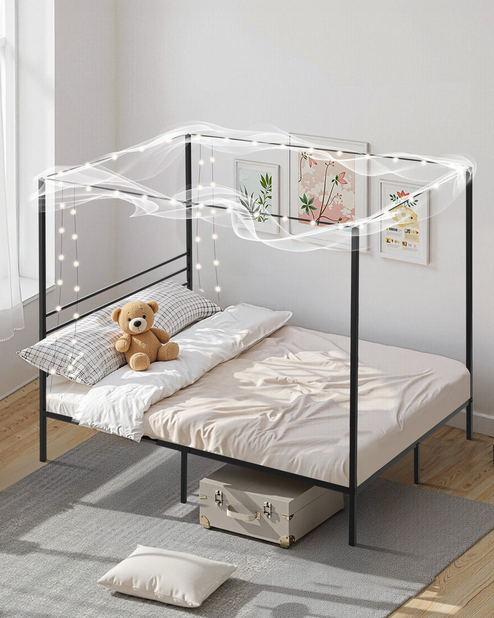 VEVOR Full Size Canopy Bed Frame, Metal Canopy Bed with Four Posters Design, Heavy Duty Steel Slats Support, Underbed Storage Space, No Box Spring Needed, Easy Assembly, Black