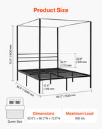 VEVOR Queen Size Canopy Bed Frame, Metal Canopy Bed with Four Posters Design, Heavy Duty Steel Slats Support, Underbed Storage Space, No Box Spring Needed, Easy Assembly, Black