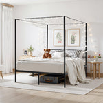 VEVOR Queen Size Canopy Bed Frame, Metal Canopy Bed with Four Posters Design, Heavy Duty Steel Slats Support, Underbed Storage Space, No Box Spring Needed, Easy Assembly, Black