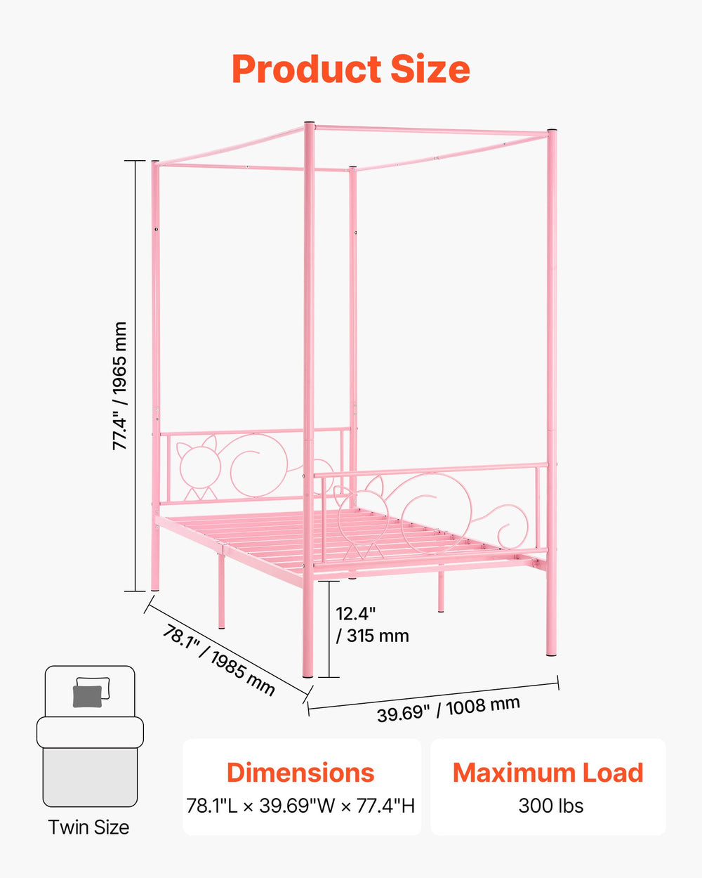 VEVOR Twin Size Canopy Bed Frame, Metal Canopy Bed with Minimalist Headboard & Four Posters Design, Heavy Duty Steel Slats Support, Underbed Storage Space, No Box Spring Needed, Easy Assembly, Pink