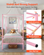 VEVOR Twin Size Canopy Bed Frame, Metal Canopy Bed with Minimalist Headboard & Four Posters Design, Heavy Duty Steel Slats Support, Underbed Storage Space, No Box Spring Needed, Easy Assembly, Pink