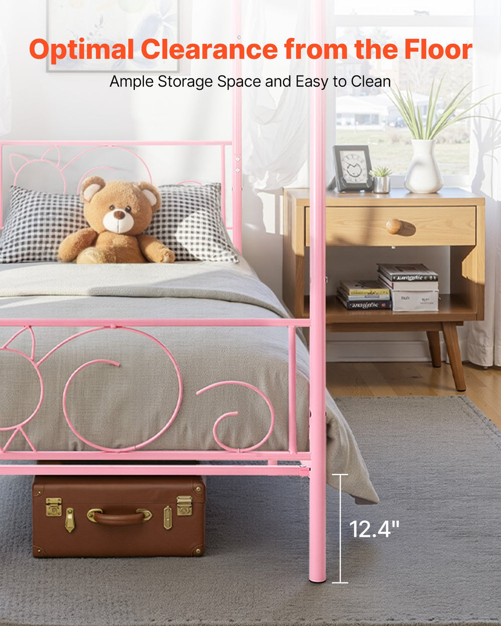 VEVOR Twin Size Canopy Bed Frame, Metal Canopy Bed with Minimalist Headboard & Four Posters Design, Heavy Duty Steel Slats Support, Underbed Storage Space, No Box Spring Needed, Easy Assembly, Pink