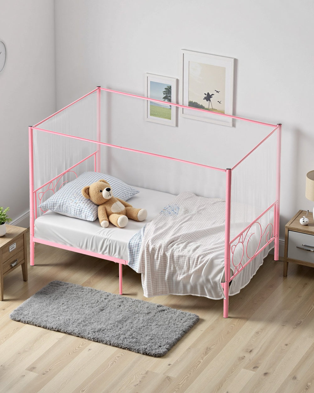 VEVOR Twin Size Canopy Bed Frame, Metal Canopy Bed with Minimalist Headboard & Four Posters Design, Heavy Duty Steel Slats Support, Underbed Storage Space, No Box Spring Needed, Easy Assembly, Pink