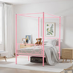 VEVOR Twin Size Canopy Bed Frame, Metal Canopy Bed with Minimalist Headboard & Four Posters Design, Heavy Duty Steel Slats Support, Underbed Storage Space, No Box Spring Needed, Easy Assembly, Pink