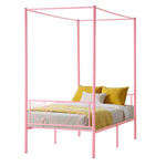 VEVOR Twin Size Canopy Bed Frame, Metal Canopy Bed with Minimalist Headboard & Four Posters Design, Heavy Duty Steel Slats Support, Underbed Storage Space, No Box Spring Needed, Easy Assembly, Pink