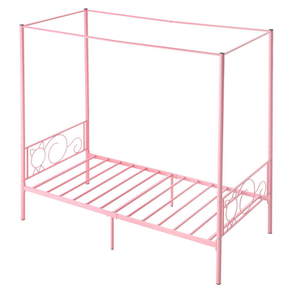 VEVOR Twin Size Canopy Bed Frame, Metal Canopy Bed with Minimalist Headboard & Four Posters Design, Heavy Duty Steel Slats Support, Underbed Storage Space, No Box Spring Needed, Easy Assembly, Pink
