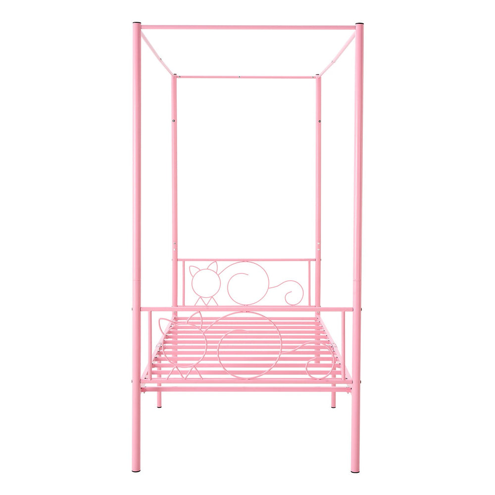 VEVOR Twin Size Canopy Bed Frame, Metal Canopy Bed with Minimalist Headboard & Four Posters Design, Heavy Duty Steel Slats Support, Underbed Storage Space, No Box Spring Needed, Easy Assembly, Pink