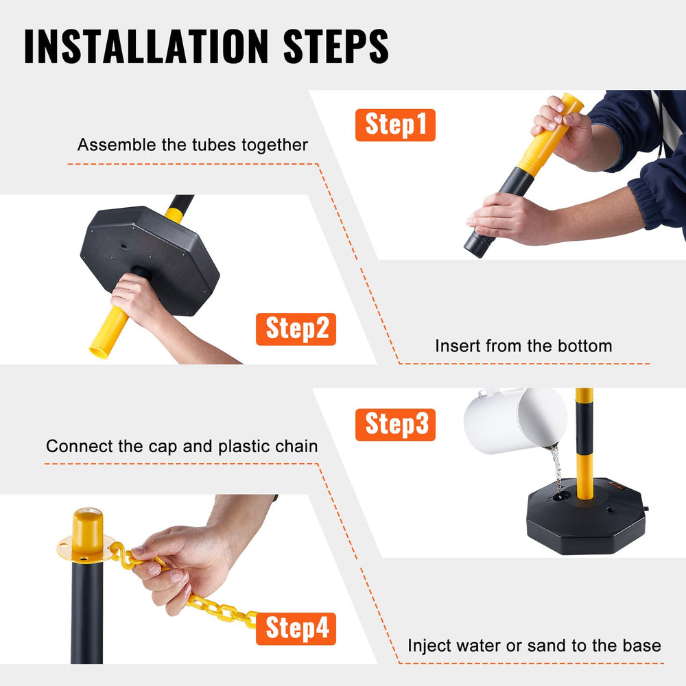 VEVOR Adjustable Traffic Delineator Post Cones, 6 Pack, Traffic Safety Delineator Barrier with Fillable Base 2.44 m Chain, for Traffic Control Warning Parking Lot Construction Caution Roads, Yellow & Black