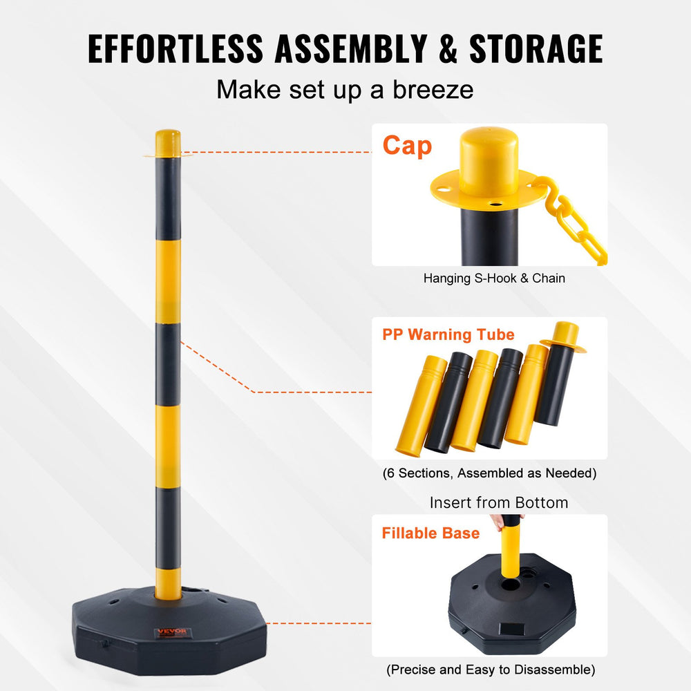 VEVOR Adjustable Traffic Delineator Post Cones, 6 Pack, Traffic Safety Delineator Barrier with Fillable Base 2.44 m Chain, for Traffic Control Warning Parking Lot Construction Caution Roads, Yellow & Black