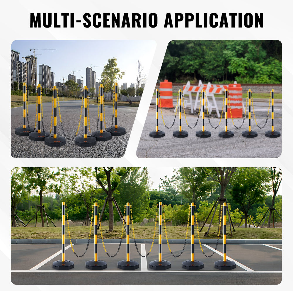 VEVOR Adjustable Traffic Delineator Post Cones, 6 Pack, Traffic Safety Delineator Barrier with Fillable Base 2.44 m Chain, for Traffic Control Warning Parking Lot Construction Caution Roads, Yellow & Black