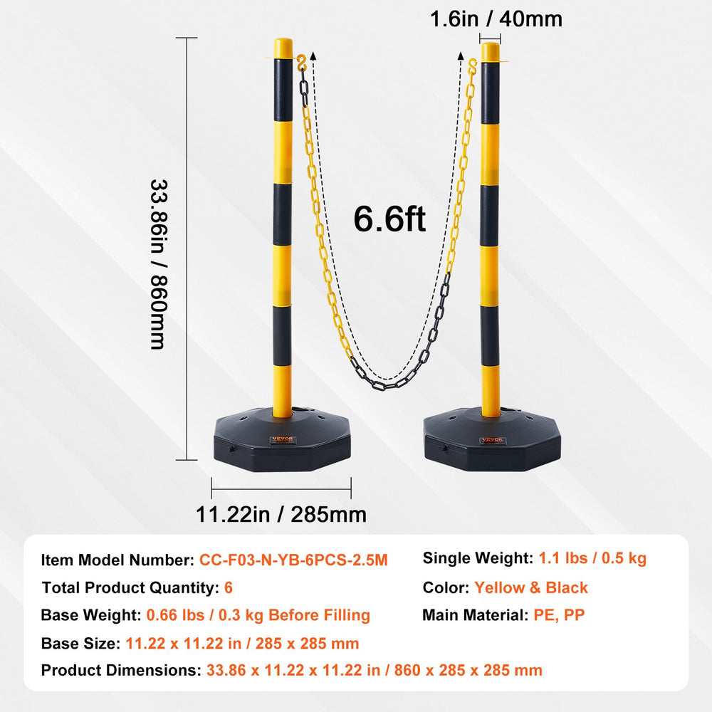 VEVOR Adjustable Traffic Delineator Post Cones, 6 Pack, Traffic Safety Delineator Barrier with Fillable Base 2.44 m Chain, for Traffic Control Warning Parking Lot Construction Caution Roads, Yellow & Black