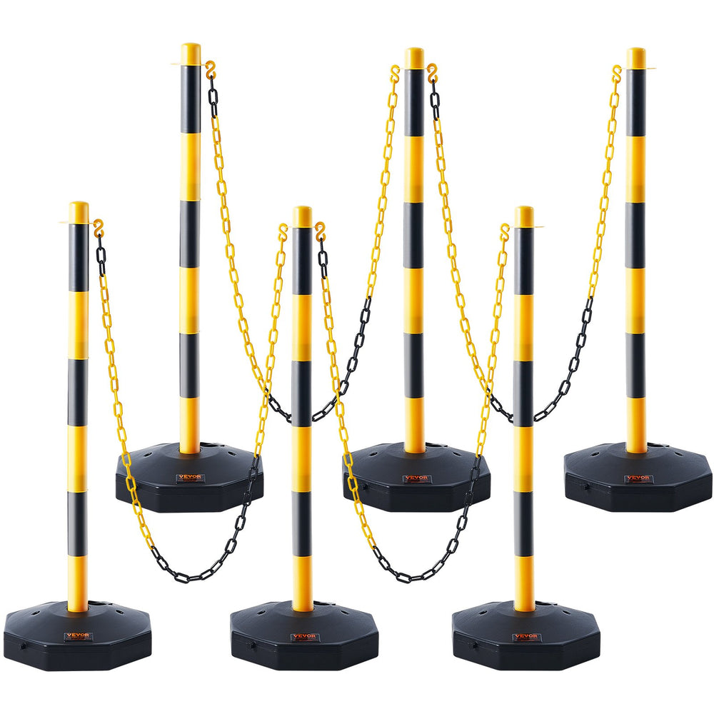 VEVOR Adjustable Traffic Delineator Post Cones, 6 Pack, Traffic Safety Delineator Barrier with Fillable Base 2.44 m Chain, for Traffic Control Warning Parking Lot Construction Caution Roads, Yellow & Black