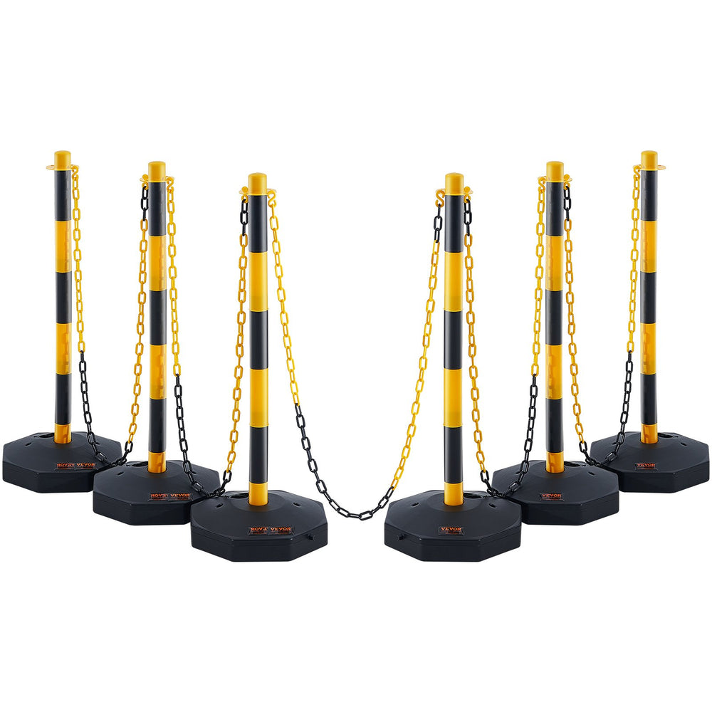 VEVOR Adjustable Traffic Delineator Post Cones, 6 Pack, Traffic Safety Delineator Barrier with Fillable Base 2.44 m Chain, for Traffic Control Warning Parking Lot Construction Caution Roads, Yellow & Black