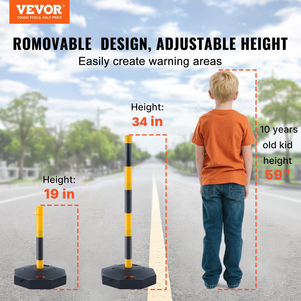 VEVOR Adjustable Traffic Delineator Post Cones, 4 Pack, Traffic Safety Delineator Barrier with Fillable Base 8FT Chain, for Traffic Control Warning Parking Lot Construction Caution Roads, Yellow&Black