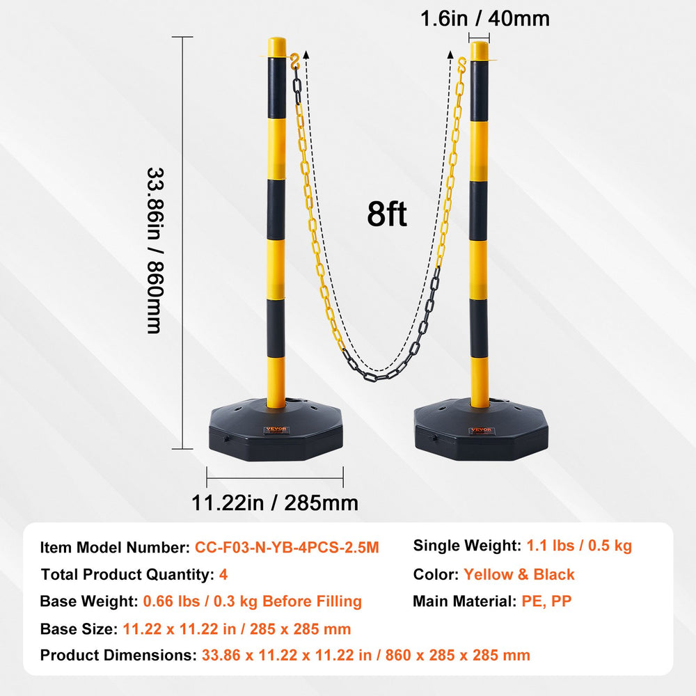 VEVOR Adjustable Traffic Delineator Post Cones, 4 Pack, Traffic Safety Delineator Barrier with Fillable Base 8FT Chain, for Traffic Control Warning Parking Lot Construction Caution Roads, Yellow&Black