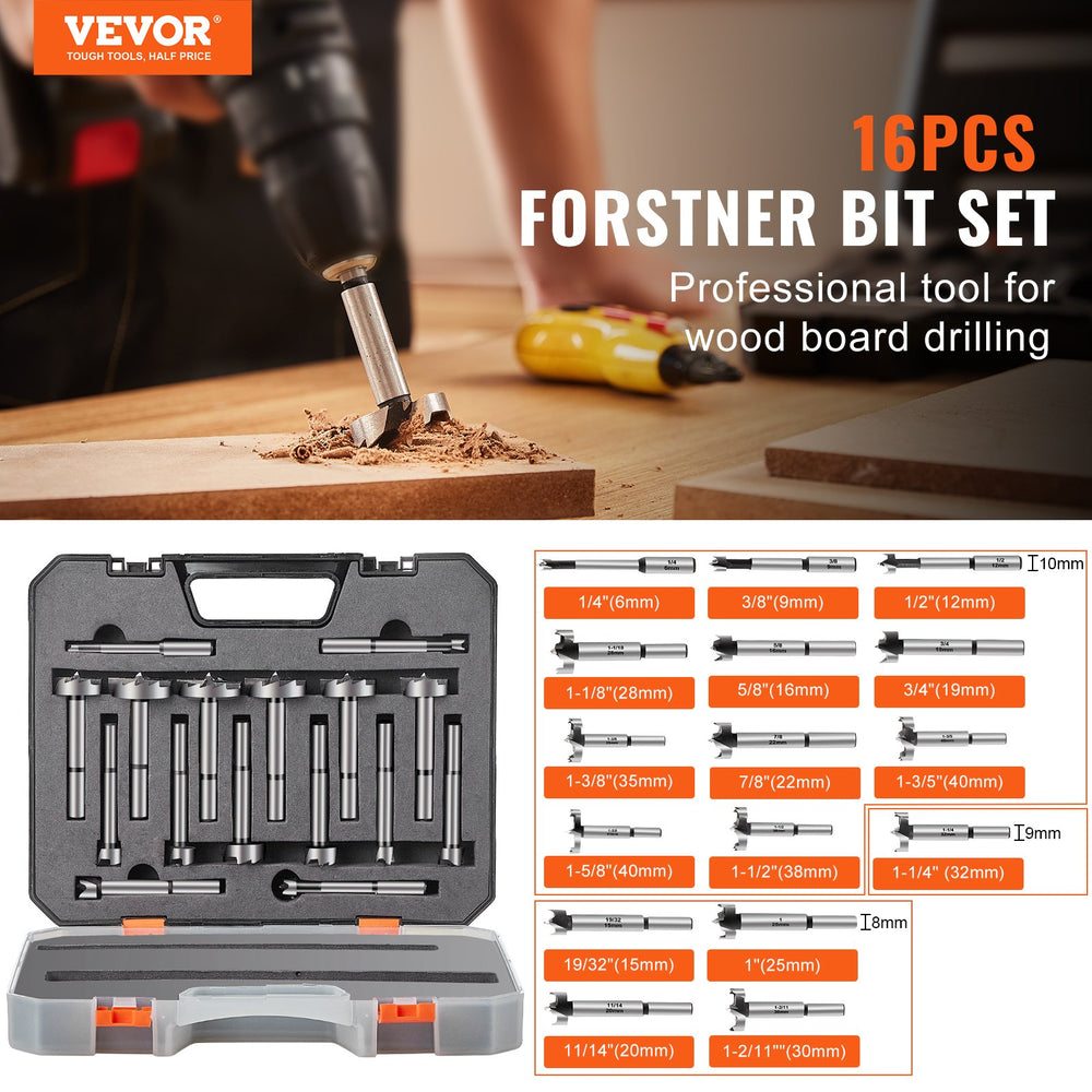 VEVOR Forstner Bit Set, 16 Pcs Forstner Drill Bits Set, 6.4mm to 41.3mm, Carbon Steel, with Universal Round Shank, Forstner Drill Bit for Wood and Composite Board, Forstner Bits for Woodworking