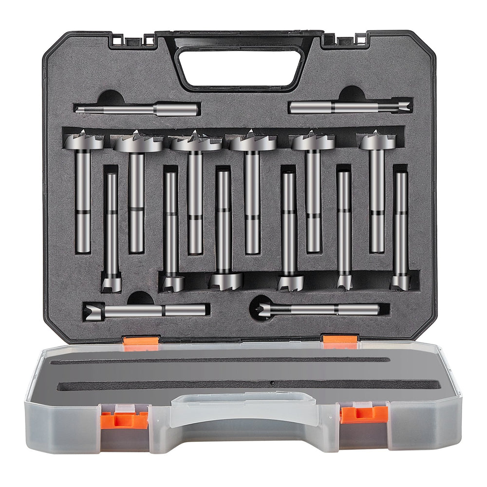 VEVOR Forstner Bit Set, 16 Pcs Forstner Drill Bits Set, 6.4mm to 41.3mm, Carbon Steel, with Universal Round Shank, Forstner Drill Bit for Wood and Composite Board, Forstner Bits for Woodworking