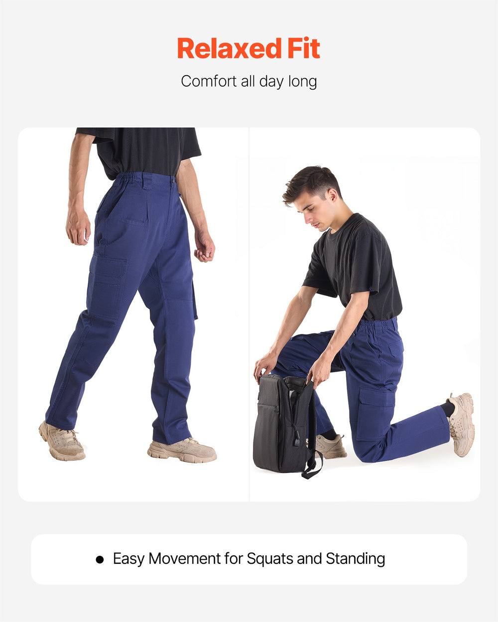 VEVOR FR Pants for Men, 100% Cotton, Flame-Resistant Cargo Pants with Multi-Pockets and Elastic Waist, Reinforced Tear-proof Stitching, Ideal for Welding Work and Casual Wear, L Size, Dark Blue