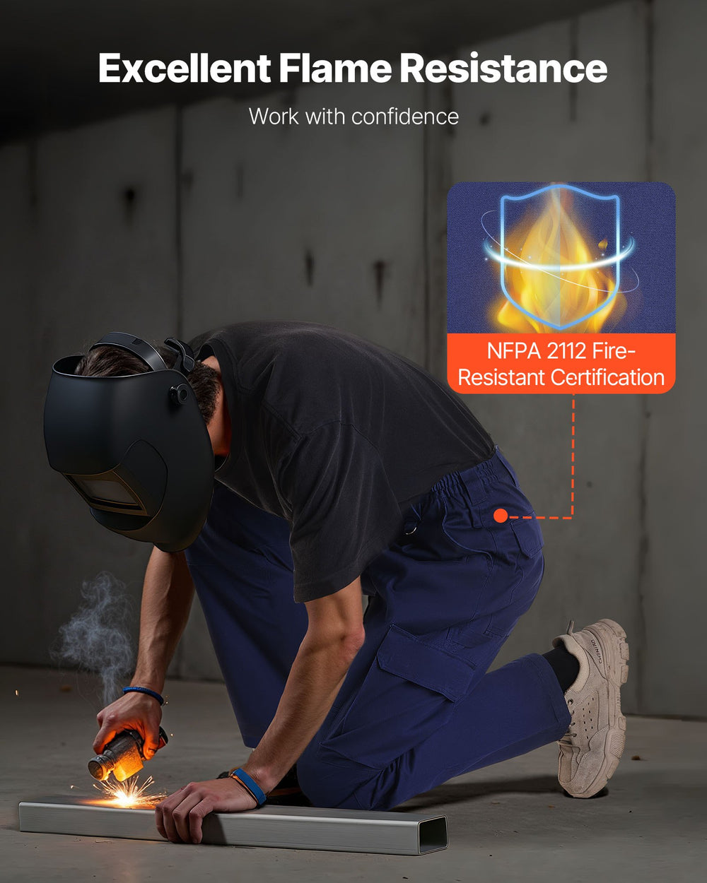 VEVOR FR Pants for Men, 100% Cotton, Flame-Resistant Cargo Pants with Multi-Pockets and Elastic Waist, Reinforced Tear-proof Stitching, Ideal for Welding Work and Casual Wear, L Size, Dark Blue