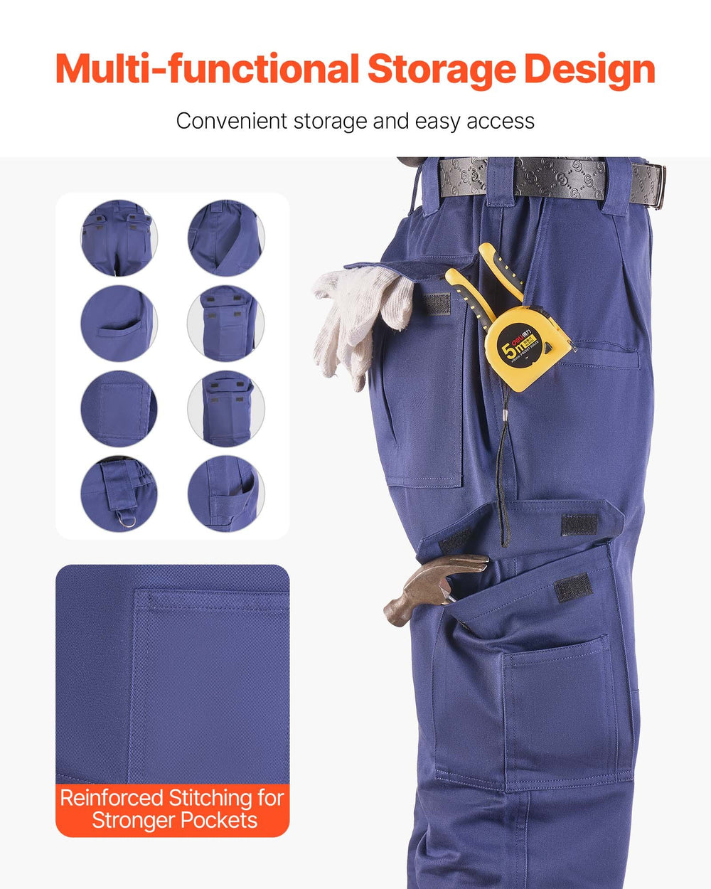 VEVOR FR Pants for Men, 100% Cotton, Flame-Resistant Cargo Pants with Multi-Pockets and Elastic Waist, Reinforced Tear-proof Stitching, Ideal for Welding Work and Casual Wear, L Size, Dark Blue