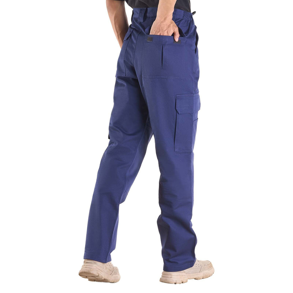 VEVOR FR Pants for Men, 100% Cotton, Flame-Resistant Cargo Pants with Multi-Pockets and Elastic Waist, Reinforced Tear-proof Stitching, Ideal for Welding Work and Casual Wear, L Size, Dark Blue