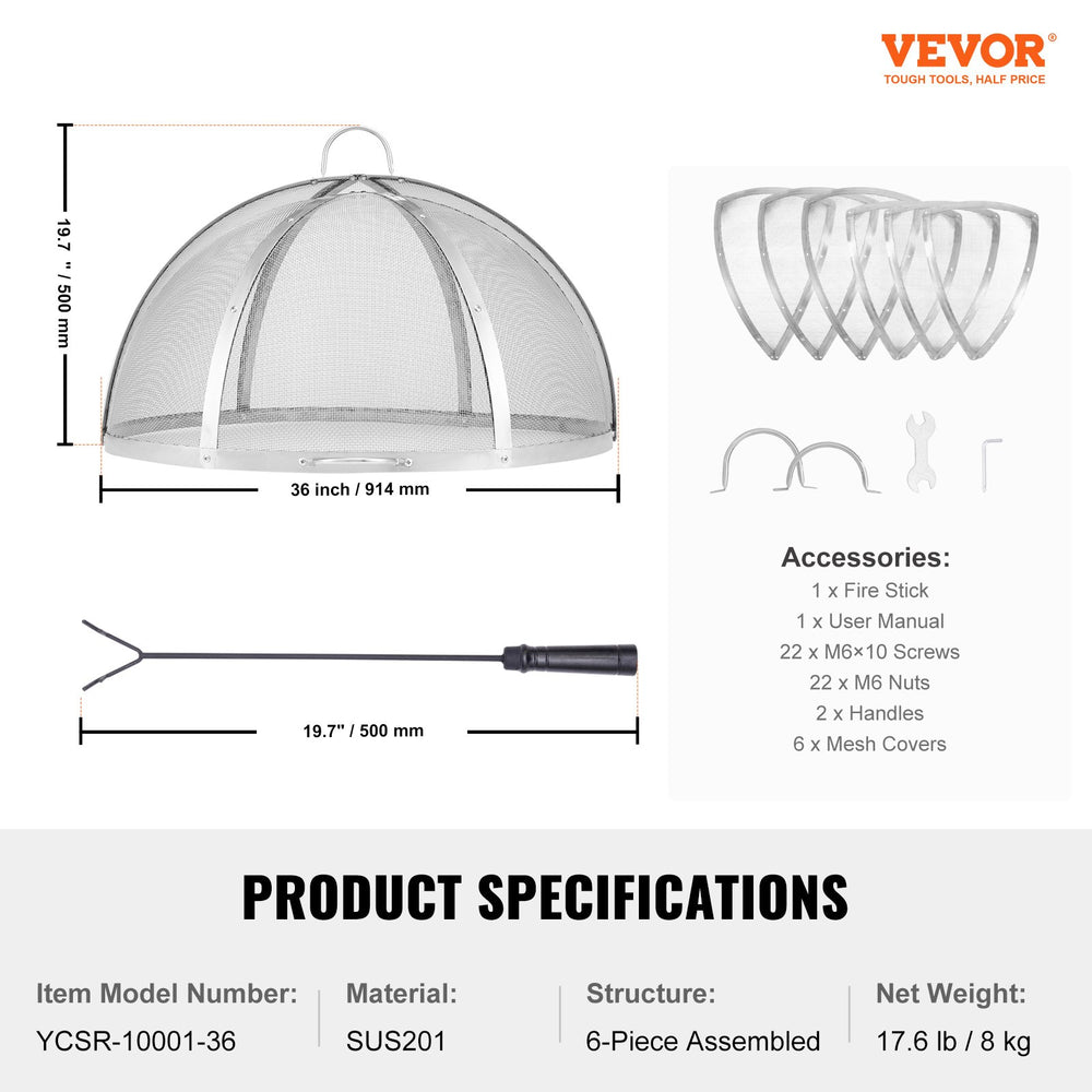 VEVOR Firepit Spark Screen Lid, 914.4mm Diameter, Outdoor Firepit Ring Cover Round Accessories, Fire Pit Metal Cover, Easy-Opening Stainless Steel Fire Ring Covers for Outdoor Patio Fire Pits Backyard