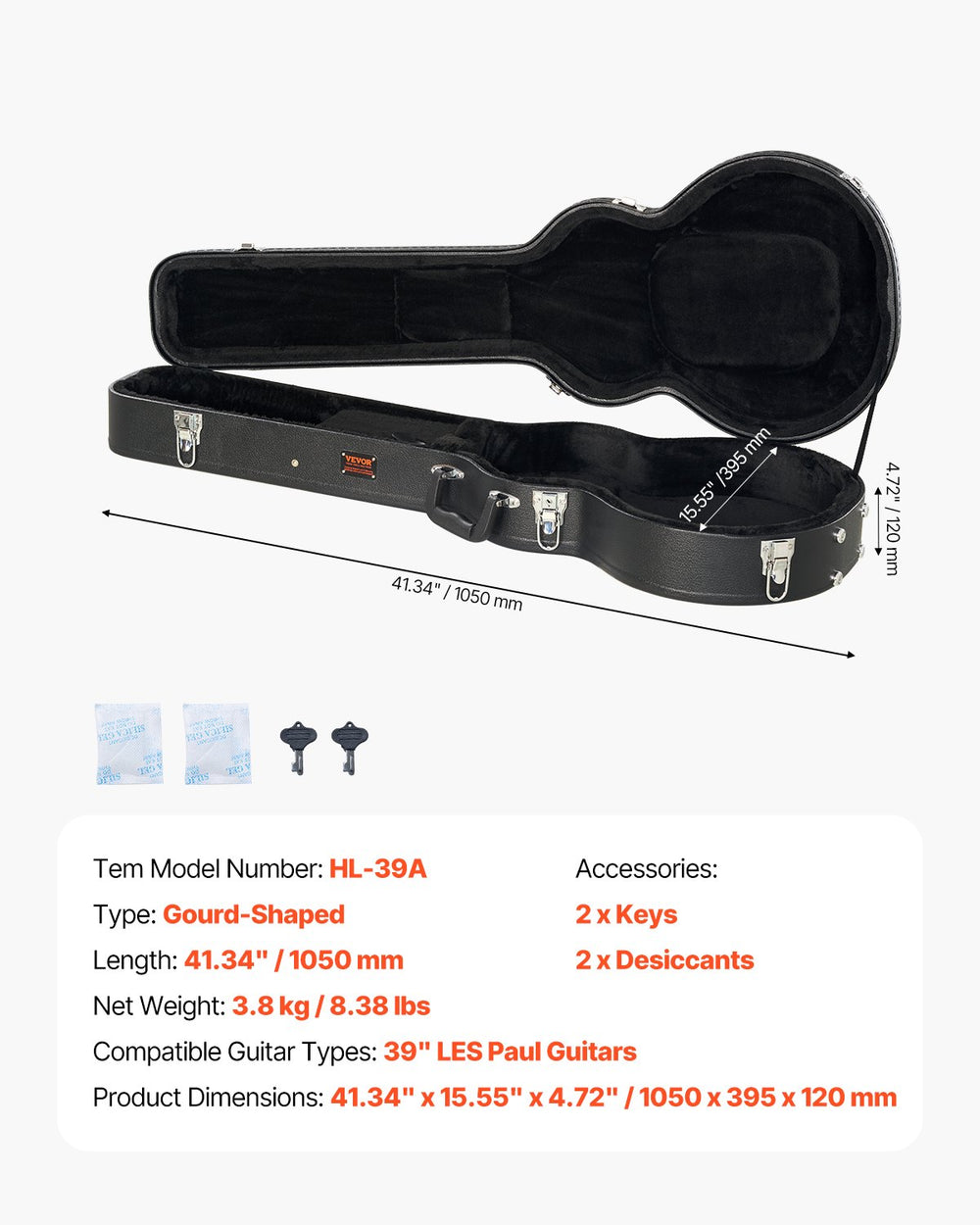 VEVOR Electric Guitar Hard Case 41.34 in/105cm With Lock And Key for LES Paul Guitars