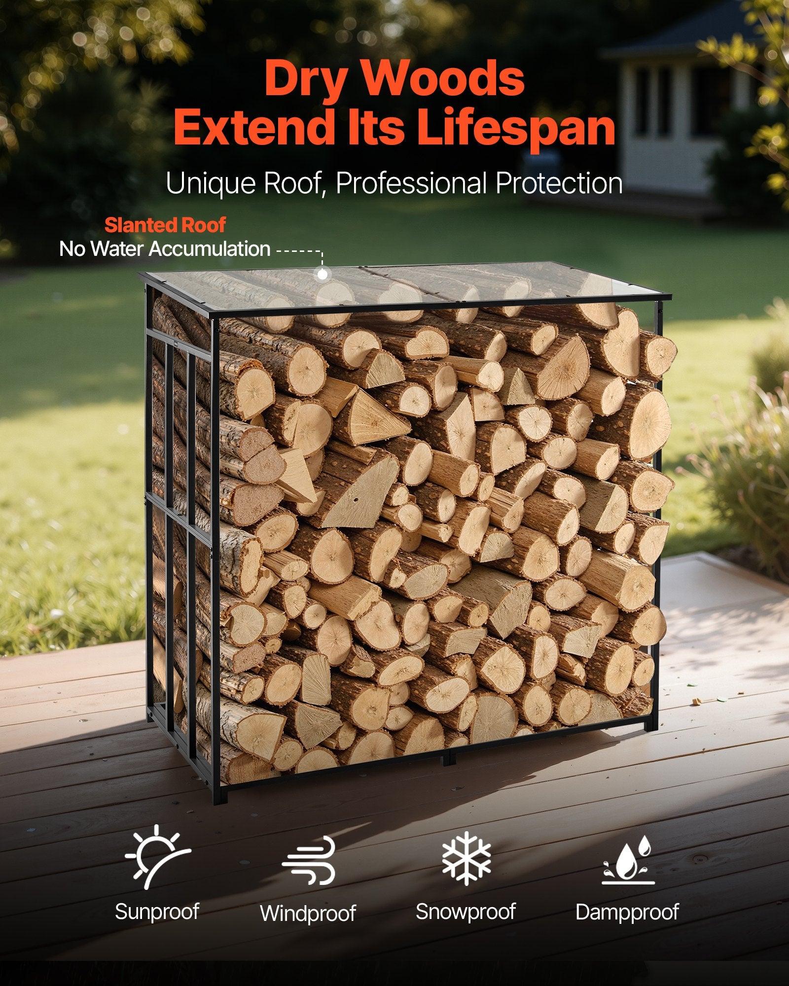 VEVOR Firewood Rack with Sloped Roof, 1.85m Outdoor Firewood Holder, 1/4 Cord Log Storage Shed, 299kg Max Weight Capacity, Powder-Coated Metal Wood Storage Rack for Fireplace Deck Backyard Garden