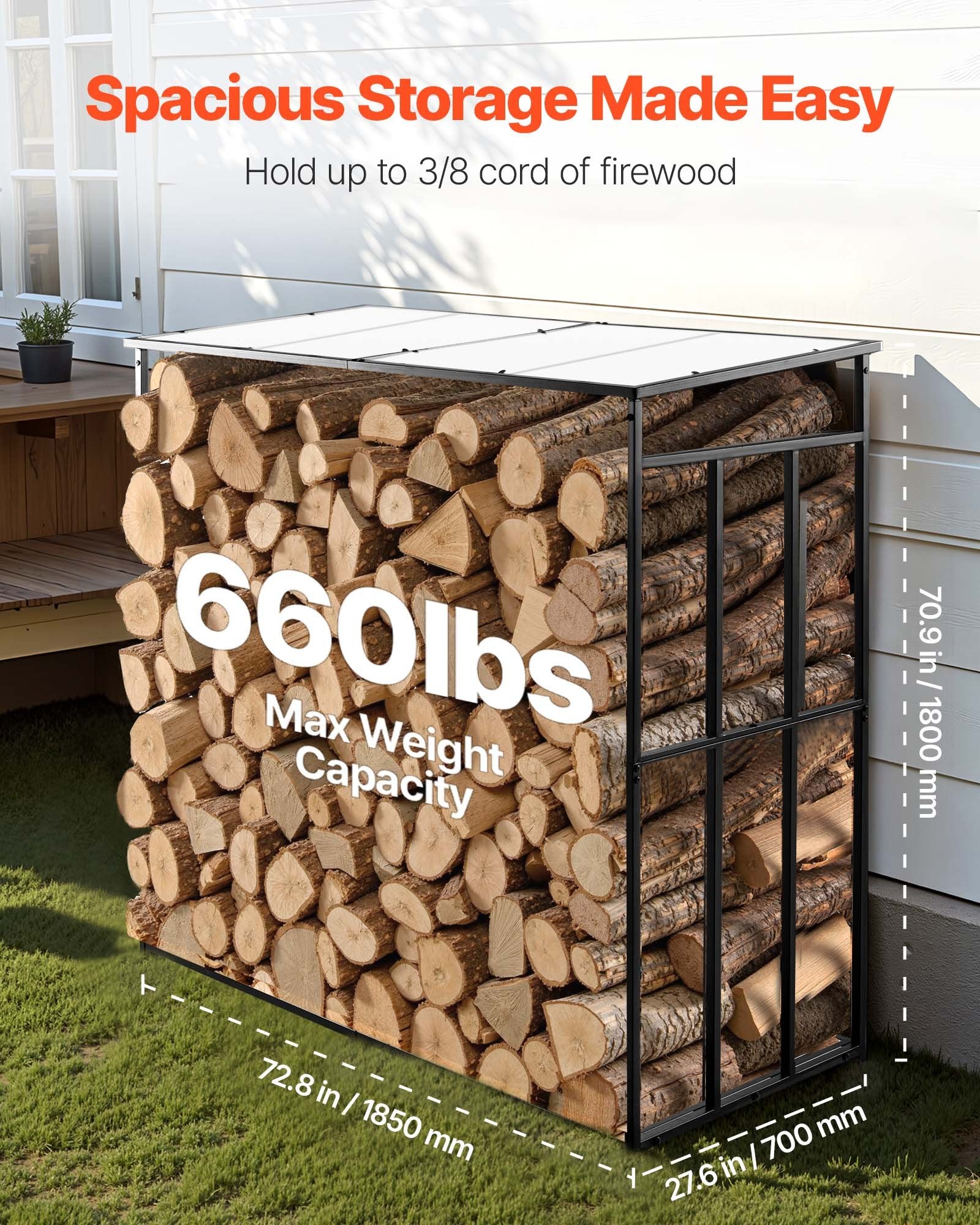 VEVOR Firewood Rack with Sloped Roof, 1.85m Outdoor Firewood Holder, 1/4 Cord Log Storage Shed, 299kg Max Weight Capacity, Powder-Coated Metal Wood Storage Rack for Fireplace Deck Backyard Garden