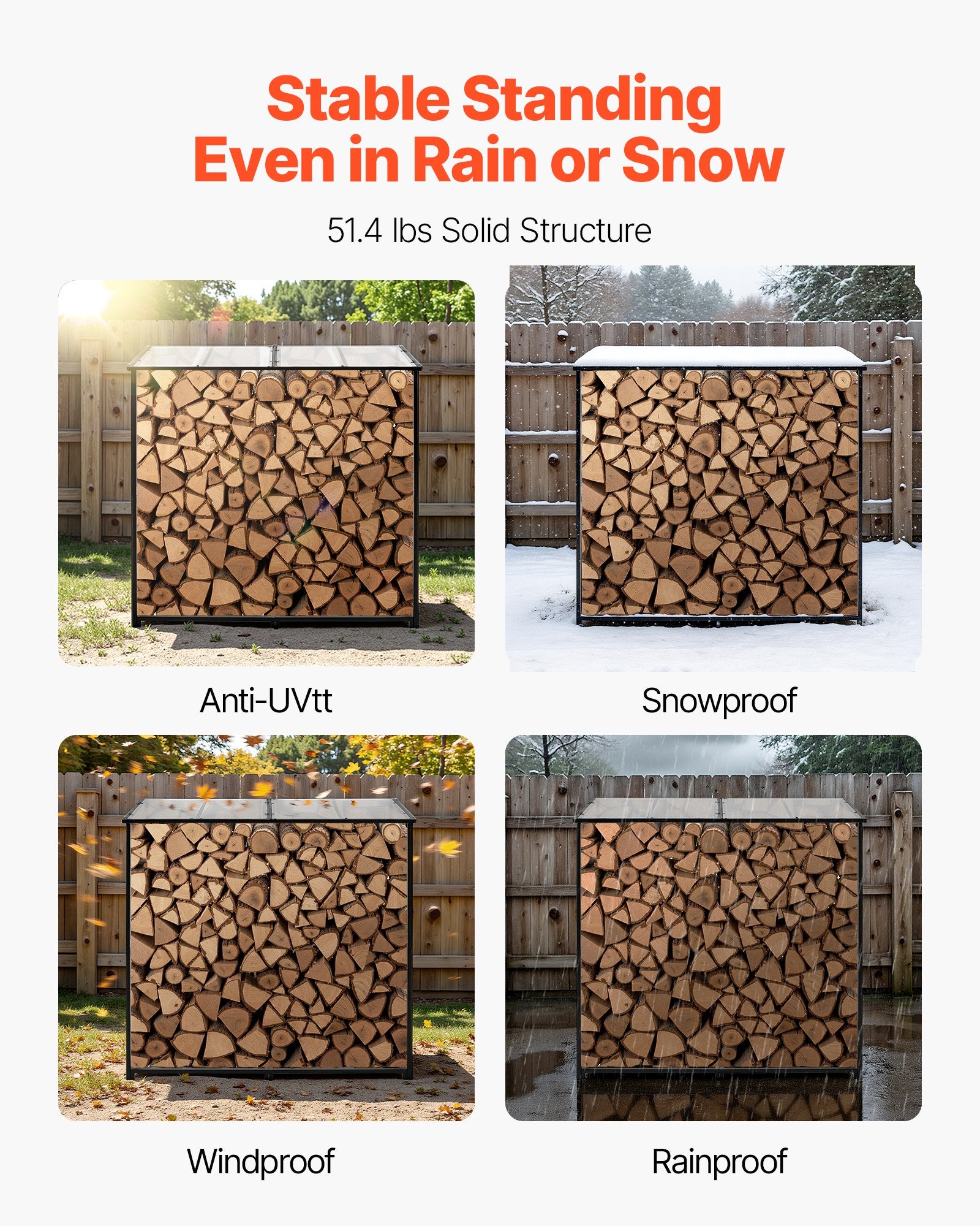 VEVOR Firewood Rack with Sloped Roof, 1.85m Outdoor Firewood Holder, 1/4 Cord Log Storage Shed, 299kg Max Weight Capacity, Powder-Coated Metal Wood Storage Rack for Fireplace Deck Backyard Garden