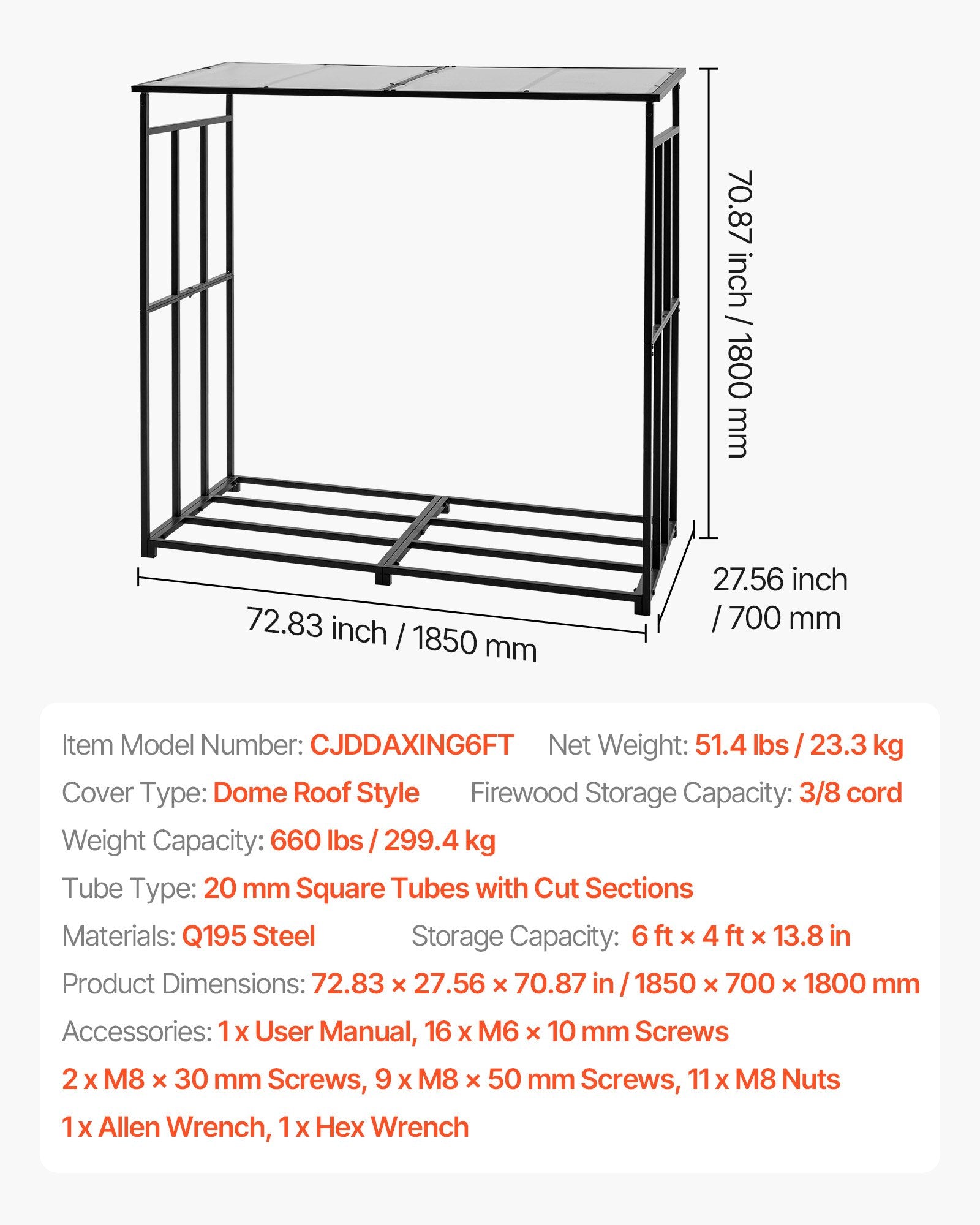 VEVOR Firewood Rack with Sloped Roof, 1.85m Outdoor Firewood Holder, 1/4 Cord Log Storage Shed, 299kg Max Weight Capacity, Powder-Coated Metal Wood Storage Rack for Fireplace Deck Backyard Garden