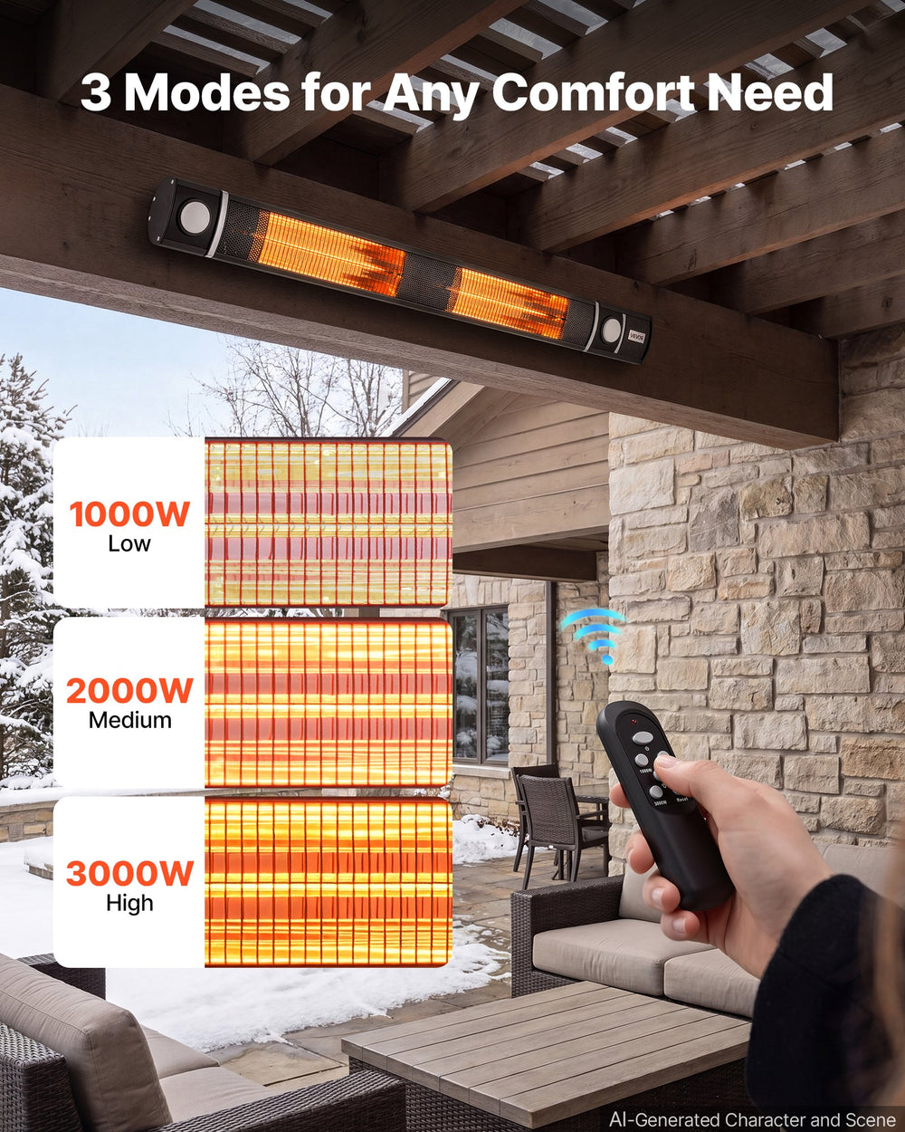 VEVOR Infrared Heater 3000W Electric Space Heater with WiFi Control Black, Remote & Mechanical Switch, 3 Heat Settings, Aluminum Alloy, IP55 Water-Resistant for Patios, Backyards, Balconies Outdoor