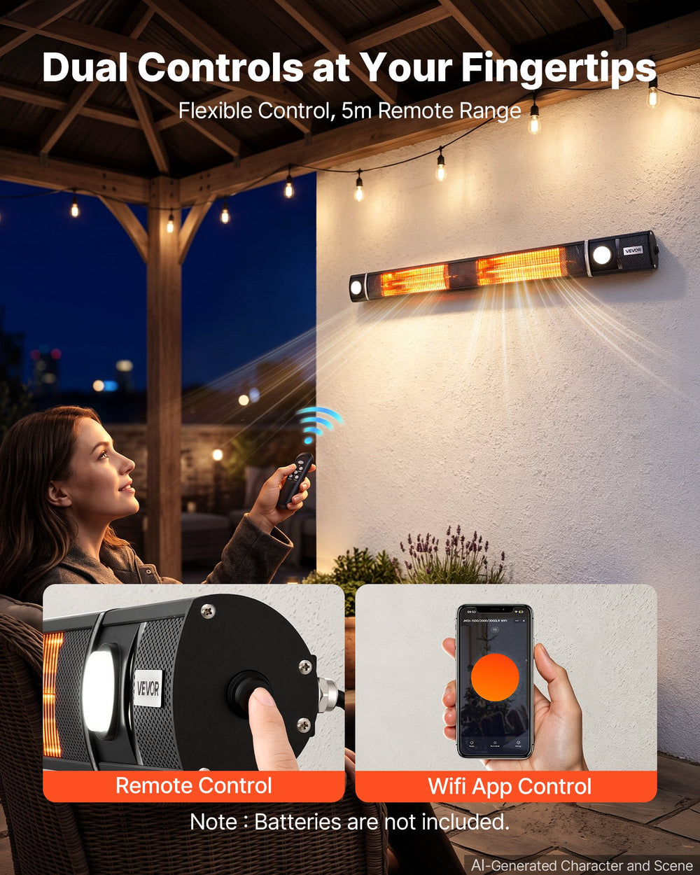 VEVOR Infrared Heater 3000W Electric Space Heater with WiFi Control Black, Remote & Mechanical Switch, 3 Heat Settings, Aluminum Alloy, IP55 Water-Resistant for Patios, Backyards, Balconies Outdoor