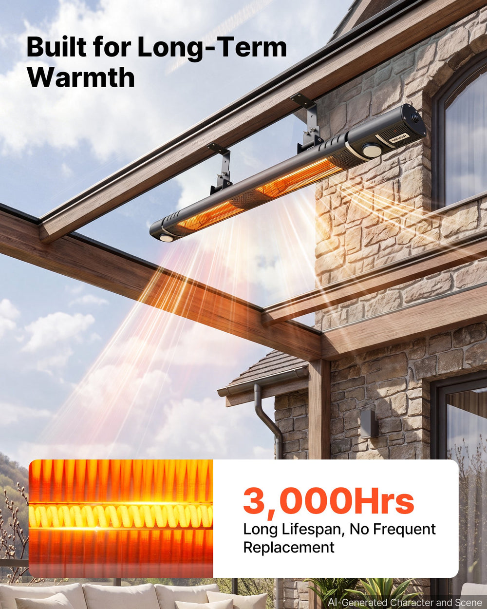 VEVOR Infrared Heater 3000W Electric Space Heater with WiFi Control Black, Remote & Mechanical Switch, 3 Heat Settings, Aluminum Alloy, IP55 Water-Resistant for Patios, Backyards, Balconies Outdoor