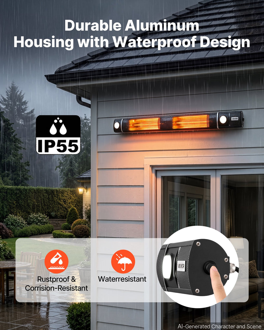 VEVOR Infrared Heater 3000W Electric Space Heater with WiFi Control Black, Remote & Mechanical Switch, 3 Heat Settings, Aluminum Alloy, IP55 Water-Resistant for Patios, Backyards, Balconies Outdoor
