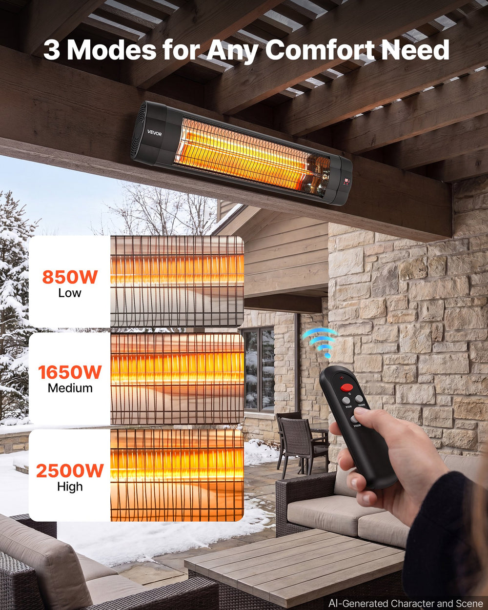 VEVOR Infrared Heater 2500W Electric Space Heater 3 Heat Settings Black, Remote & Panel Control, 24 Hours Timer, Premium PP Material, Even Warmth for Patios, Backyards, Balconies Outdoor Use