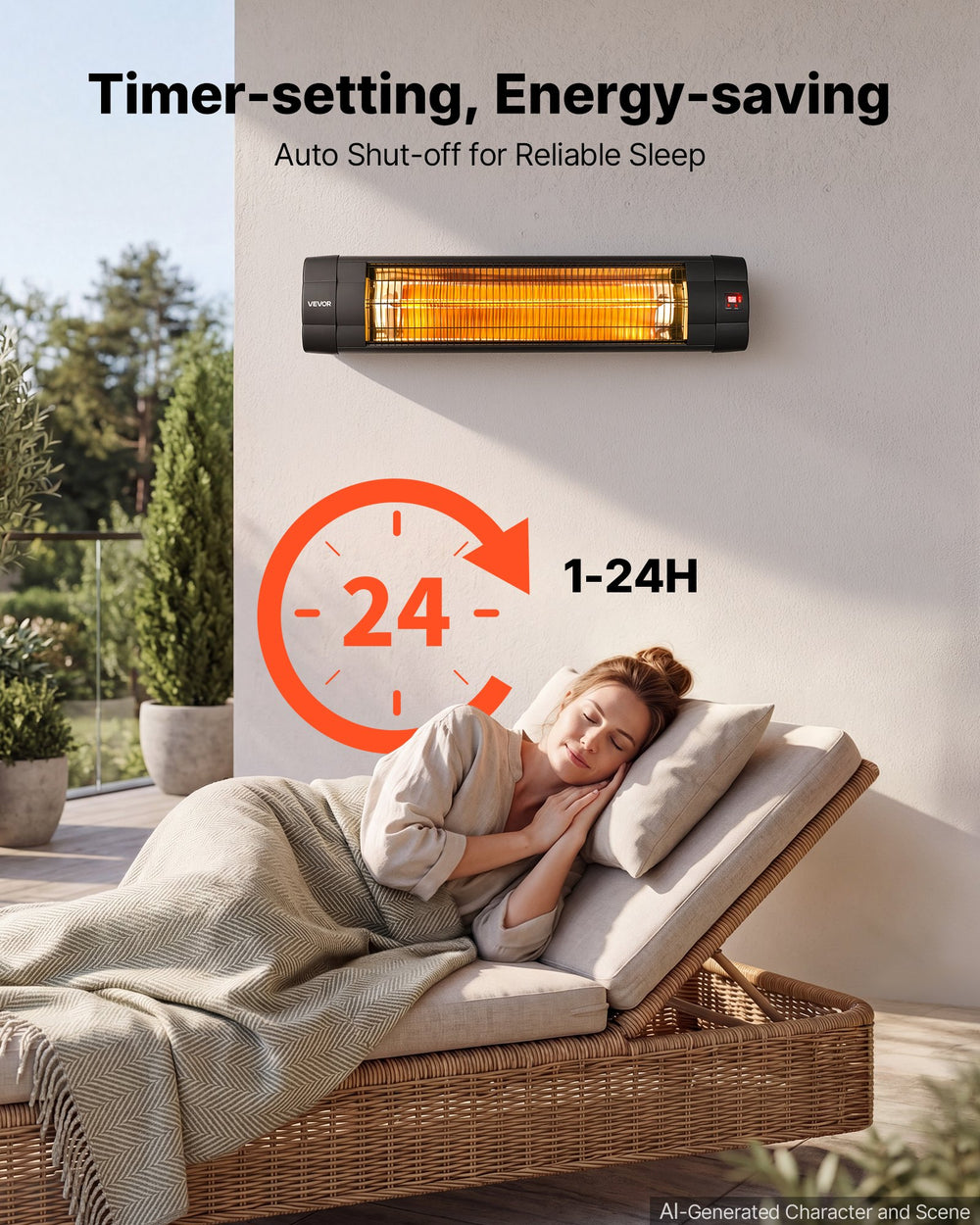 VEVOR Infrared Heater 2500W Electric Space Heater 3 Heat Settings Black, Remote & Panel Control, 24 Hours Timer, Premium PP Material, Even Warmth for Patios, Backyards, Balconies Outdoor Use